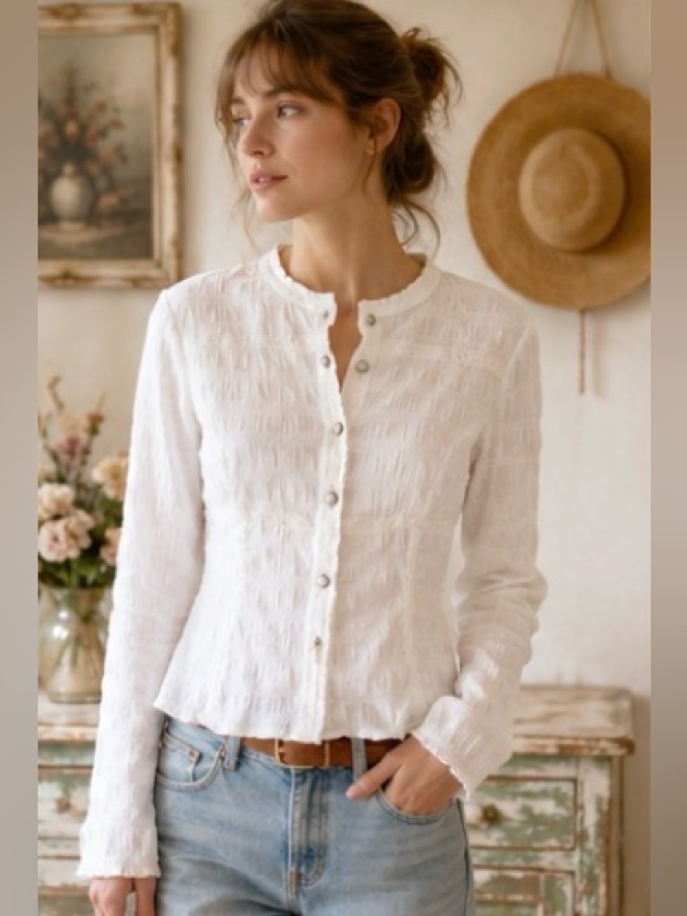 [Neesh by D.A.R] White Ribbon Button Jacket XS - Picture 6 of 7